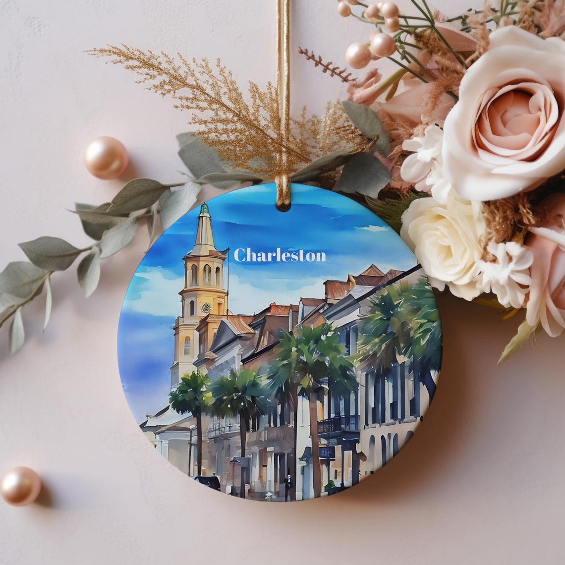Charleston Watercolor Street Scene Christmas Ornament Keepsake Poster
