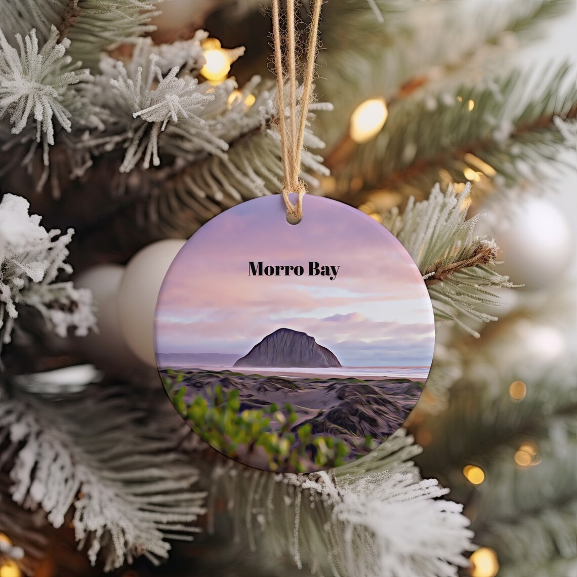 Morro Bay California Coastal Rock Sunset Round Ornament Art Poster
