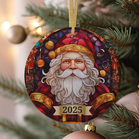 Stained Glass 2025 Santa Claus Face Ornament Ornate Hat Keepsake Art Print