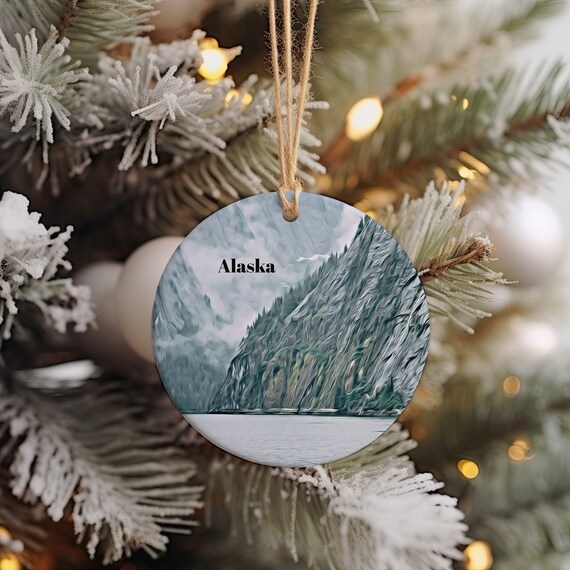 Alaska Christmas Ornament Round Winter Mountain Travel Souvenir Print