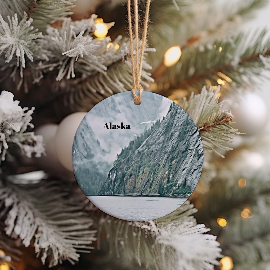 Alaska Christmas Ornament Round Winter Mountain Travel Souvenir Print