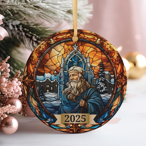 Santa Claus 2025 Stained Glass Ornament Print Vintage Winter Holiday Keepsake