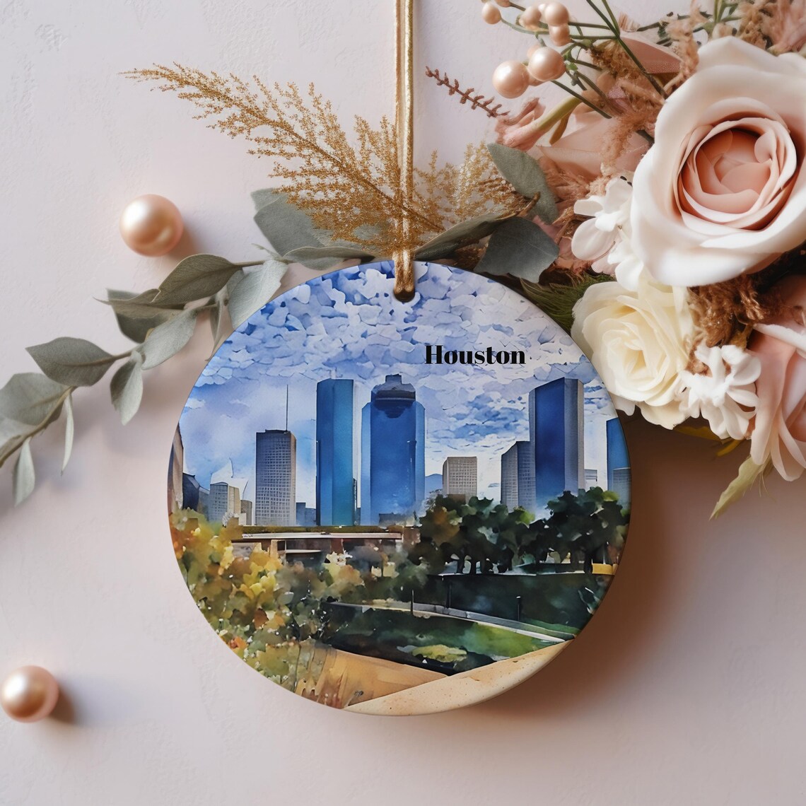 Houston Texas Blue Watercolor Skyline Christmas Ornament Print