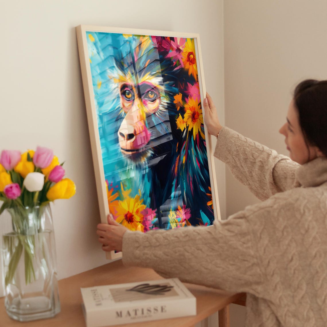 Baboon Portrait in Bold Colorful Paint With Blooming Flowers Poster - Image 3