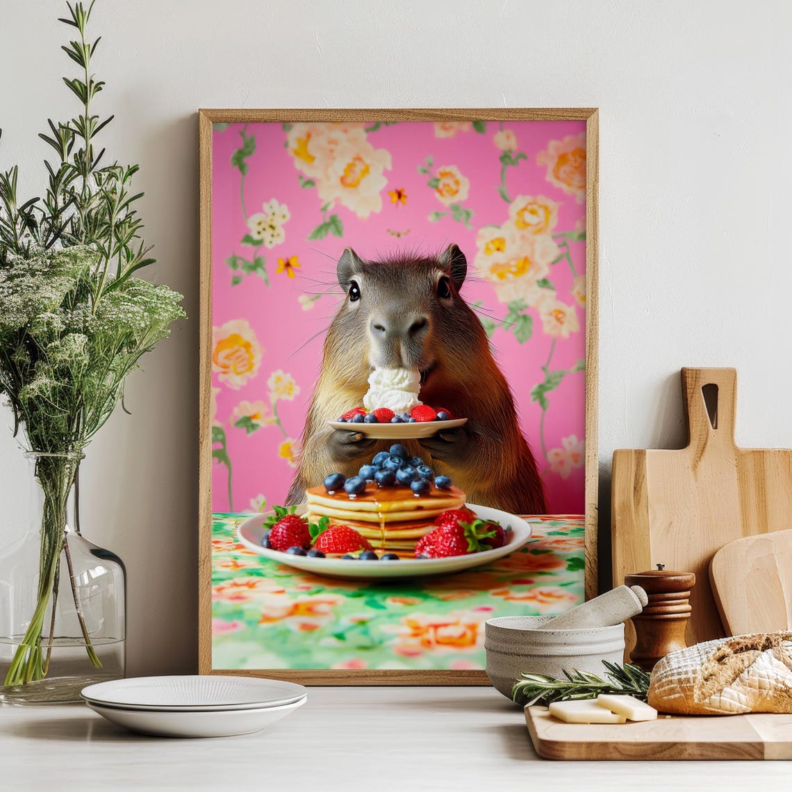 Capybara Holding Berry Pancakes With Cream Floral Kitchen Poster