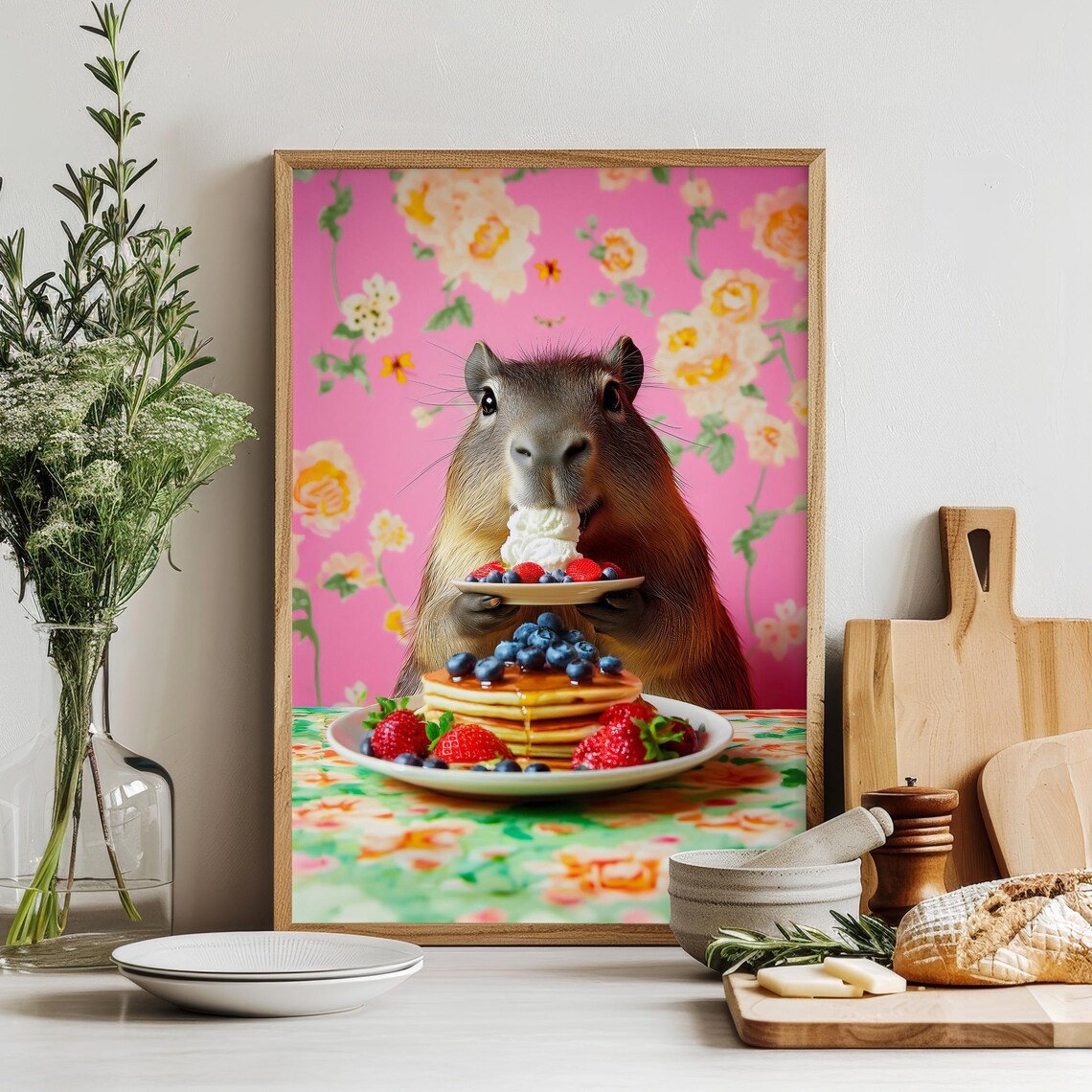 Cute Capybara Eating Pancakes Kitchen Wall Decor Maximalist Print Dopamine Wall Art Funny Kitchen Decor Humorous Housewarming Gift