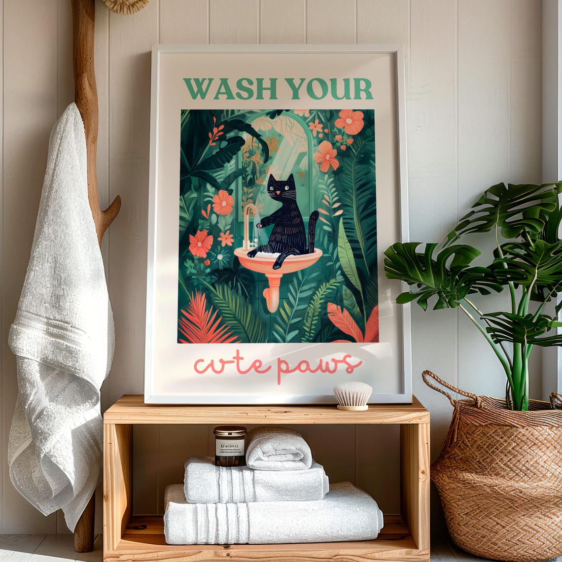 Wash Your Cute Paws Black Cat at a Sink Bathroom Reminder Poster - Image 5