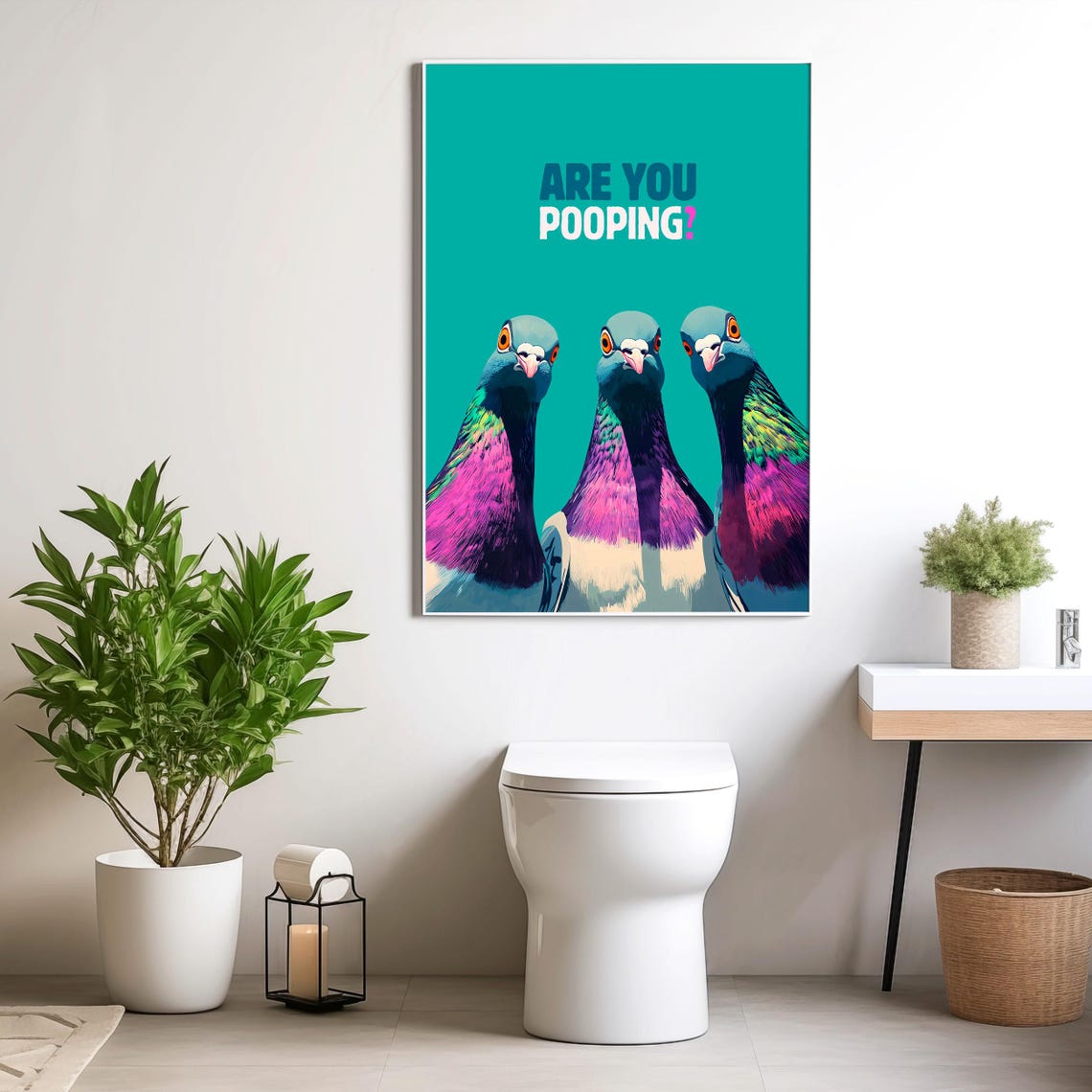 Are You Pooping Three Curious Pigeons on a Teal Funny Poster - Image 4