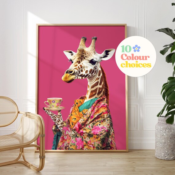 Giraffe In Floral Kimono Holding A Tea Cup On Hot Pink Poster