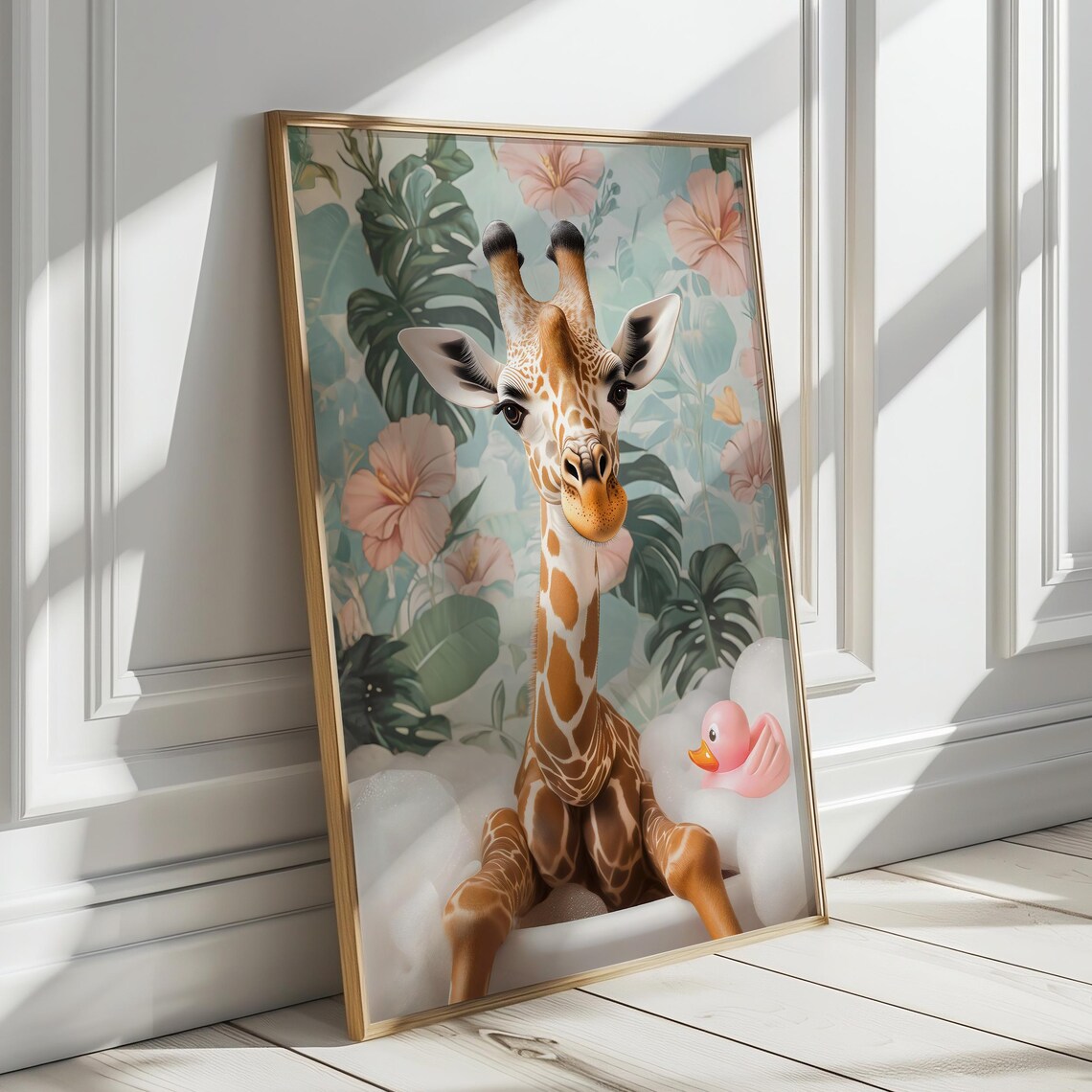 Giraffe in a Bubble Bath With a Rubber Duck in a Tropical Bathroom Poster - Image 2