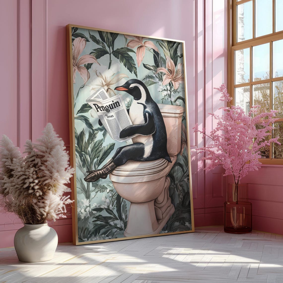 Penguin on a Toilet Reading the Penguin Times Bathroom Poster - Image 5