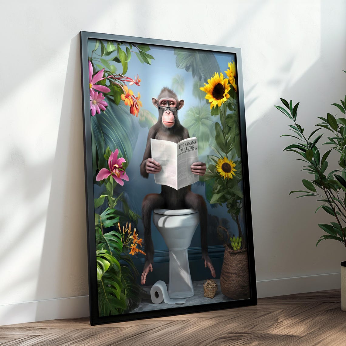 Monkey With Glasses Reading the Banana Bulletin on a Toilet Poster - Image 2