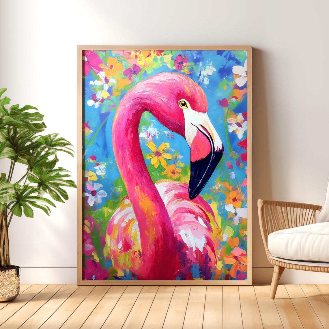 Pink Flamingo Portrait in Bright Abstract Paint With Flowers Poster