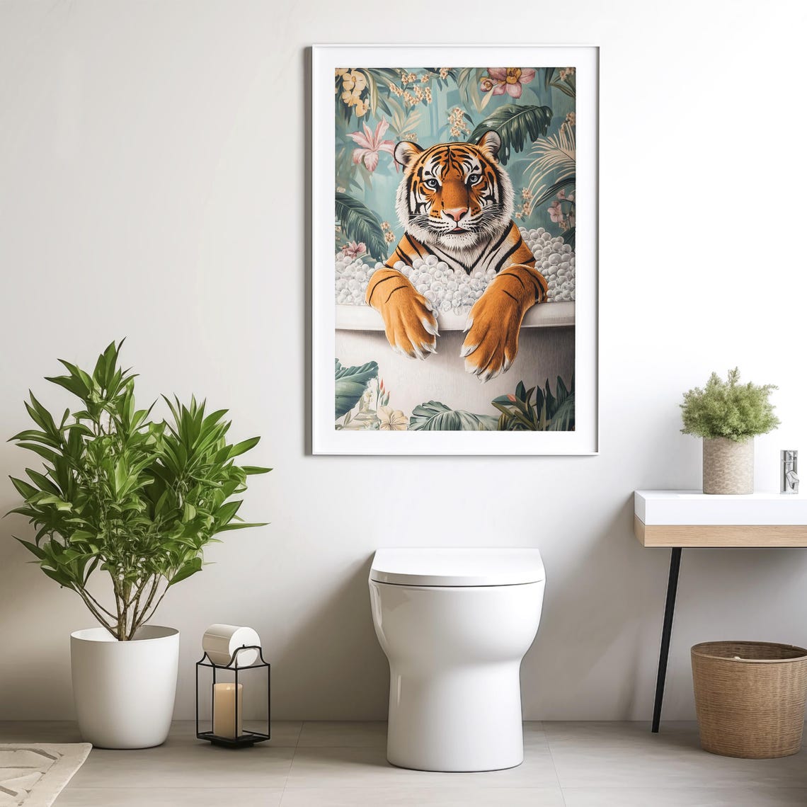 Tiger Relaxing in a Foamy Bubble Bath With Tropical Leaves Poster - Image 4