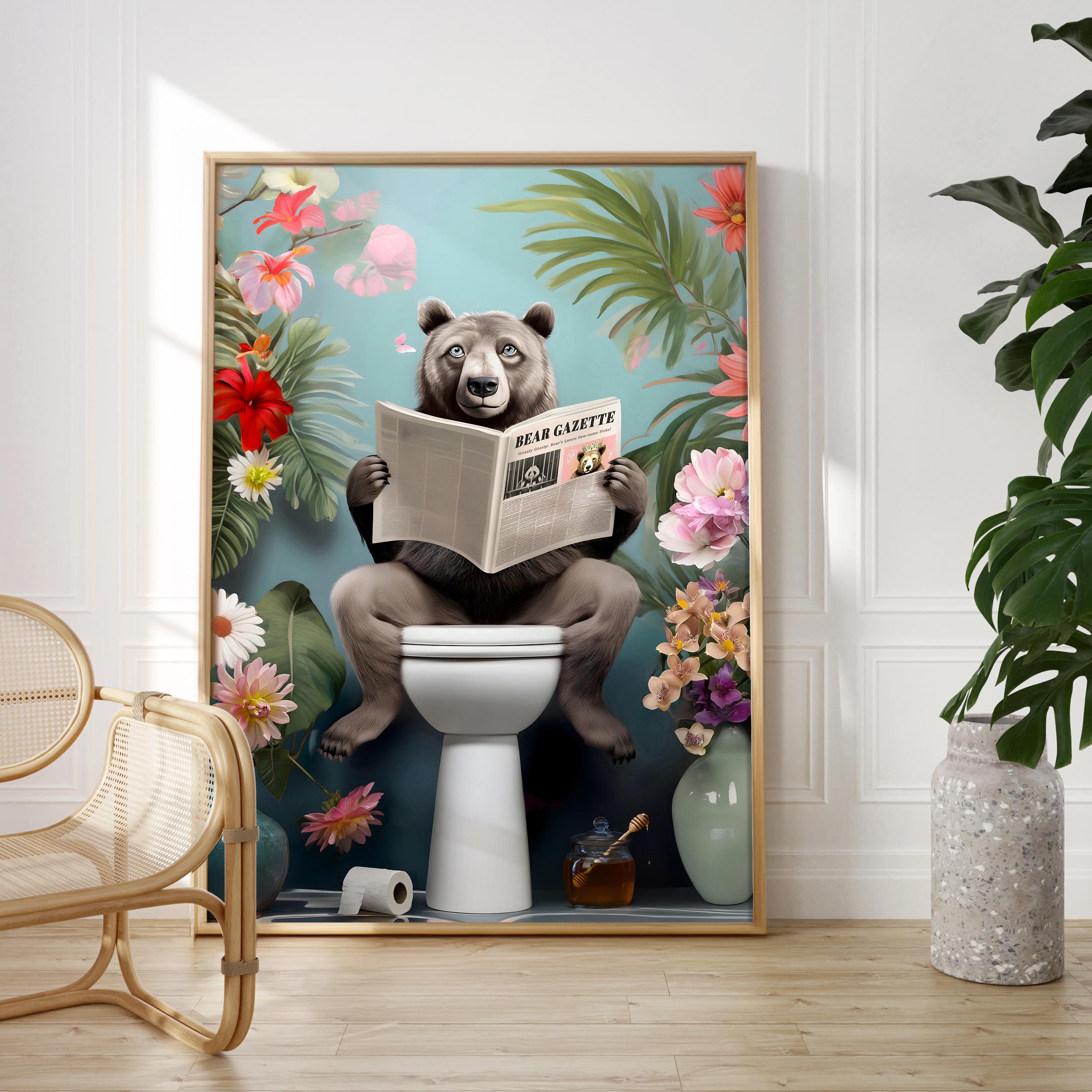Brown Bear Reading the Bear Gazette on a Toilet Floral Poster - Image 6
