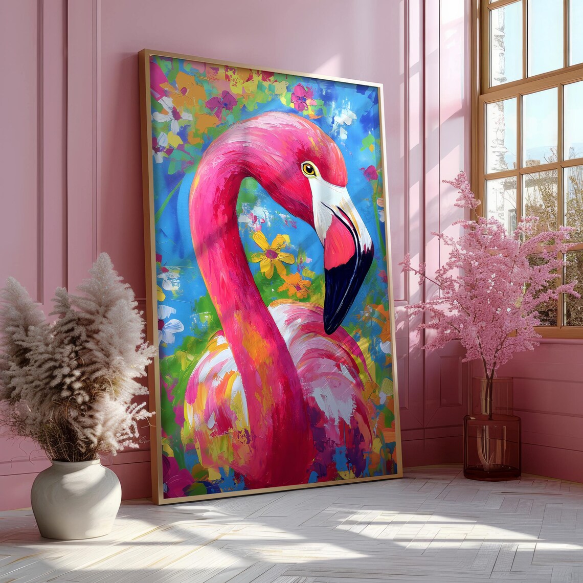 Pink Flamingo Portrait in Bright Abstract Paint With Flowers Poster - Image 7
