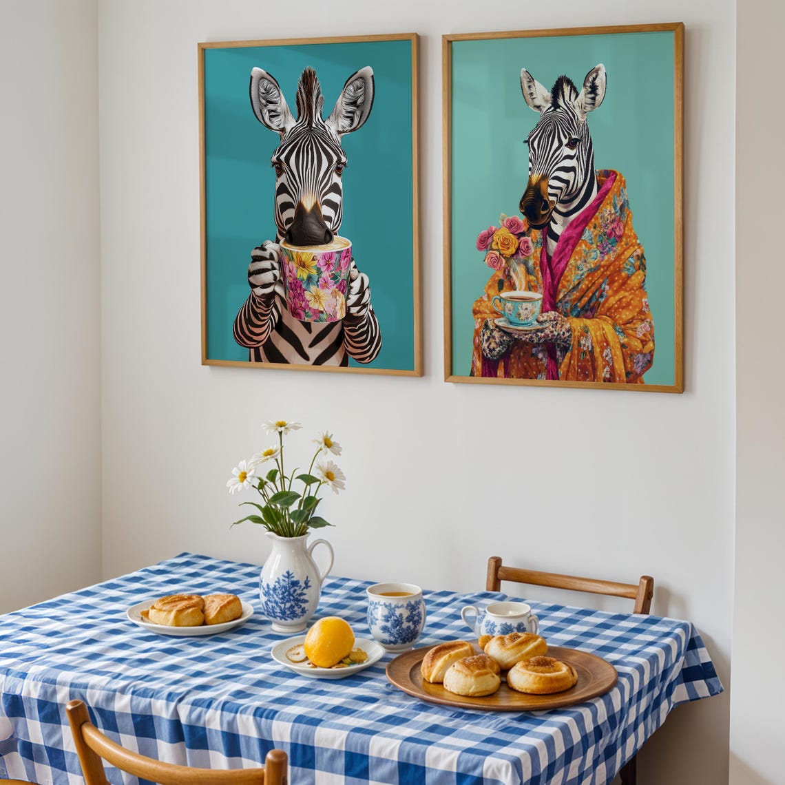 Zebra Wrapped in a Colorful Shawl Holding a Floral Teacup Poster - Image 2