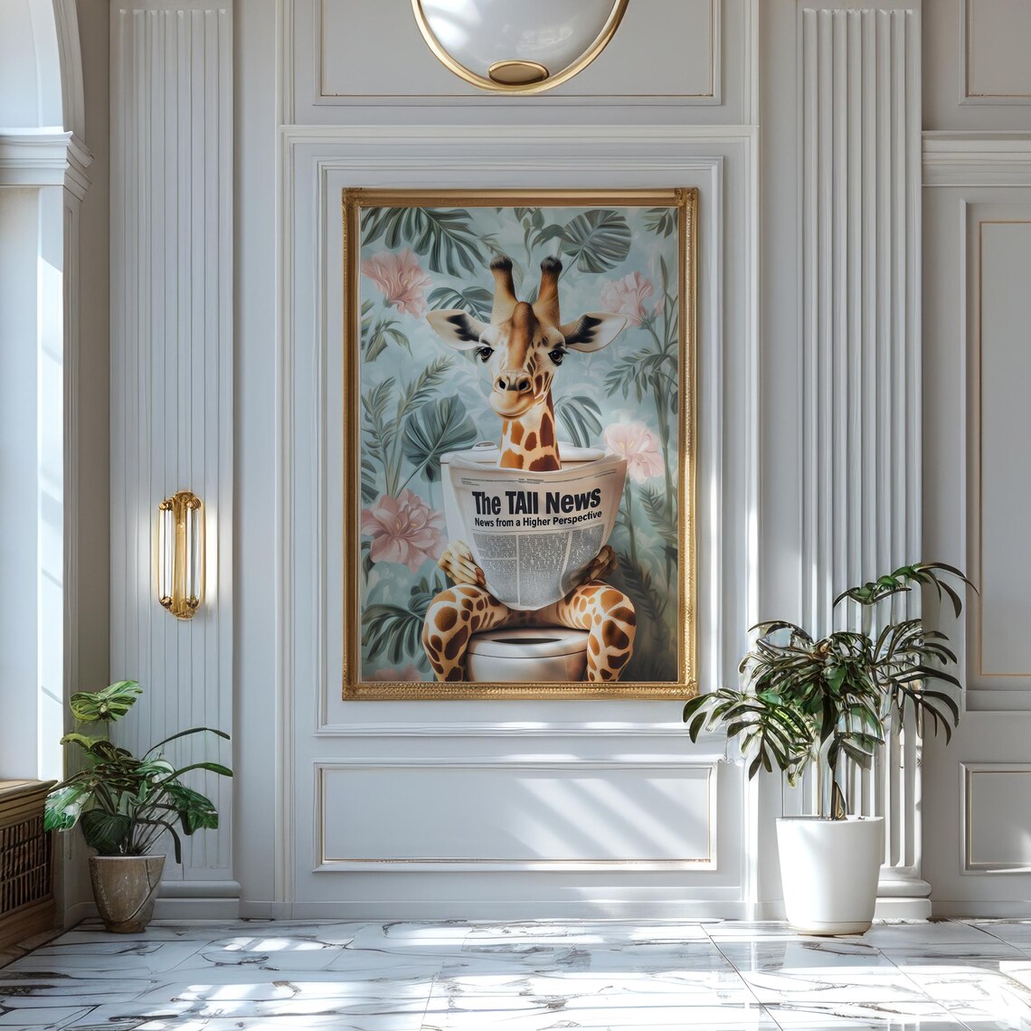Giraffe Reading The Tall News on a Toilet in a Tropical Bathroom Poster - Image 7