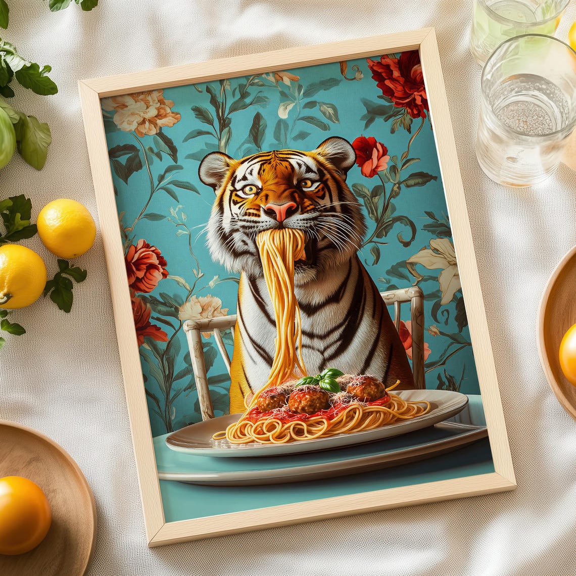 Tiger Slurping Spaghetti With Meatballs Floral Kitchen Poster - Image 7