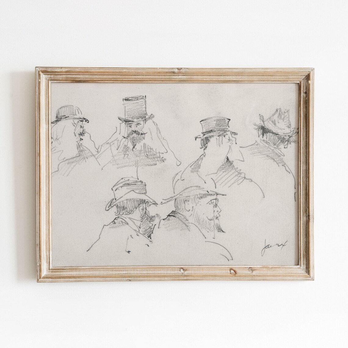 Men In Hats Sketch, Vintage Black And White Art Print