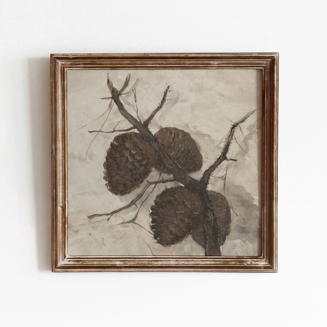 Brown Pine Cones On Branch Beige Watercolor Botanical Minimal Wall Art - Image 4