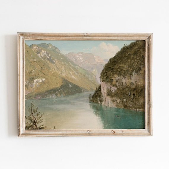 Bright Fjord Vintage Mountain Waterscape European Landscape Painting 846