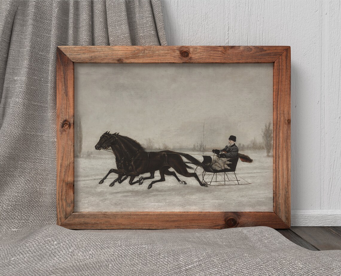 Horse Drawn Sleigh Vintage Winter Christmas Art Print - Image 3