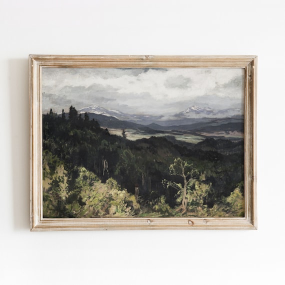 Foothills Landscape Vintage Mountain Nature Painting Dark Valley Art 599