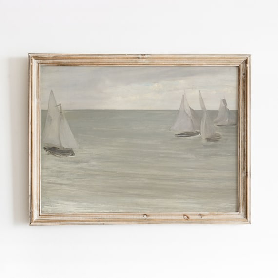 Silver Sea Sailboats Pale Green Tonal Minimalist Seascape Painting Poster