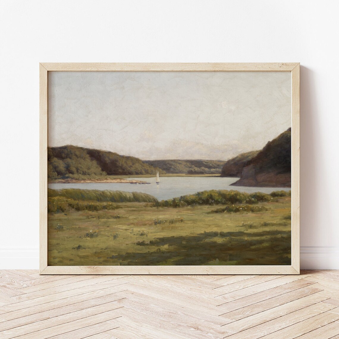 Coastal Inlet Landscape Vintage Harbor Sailboat Art Print - Image 3