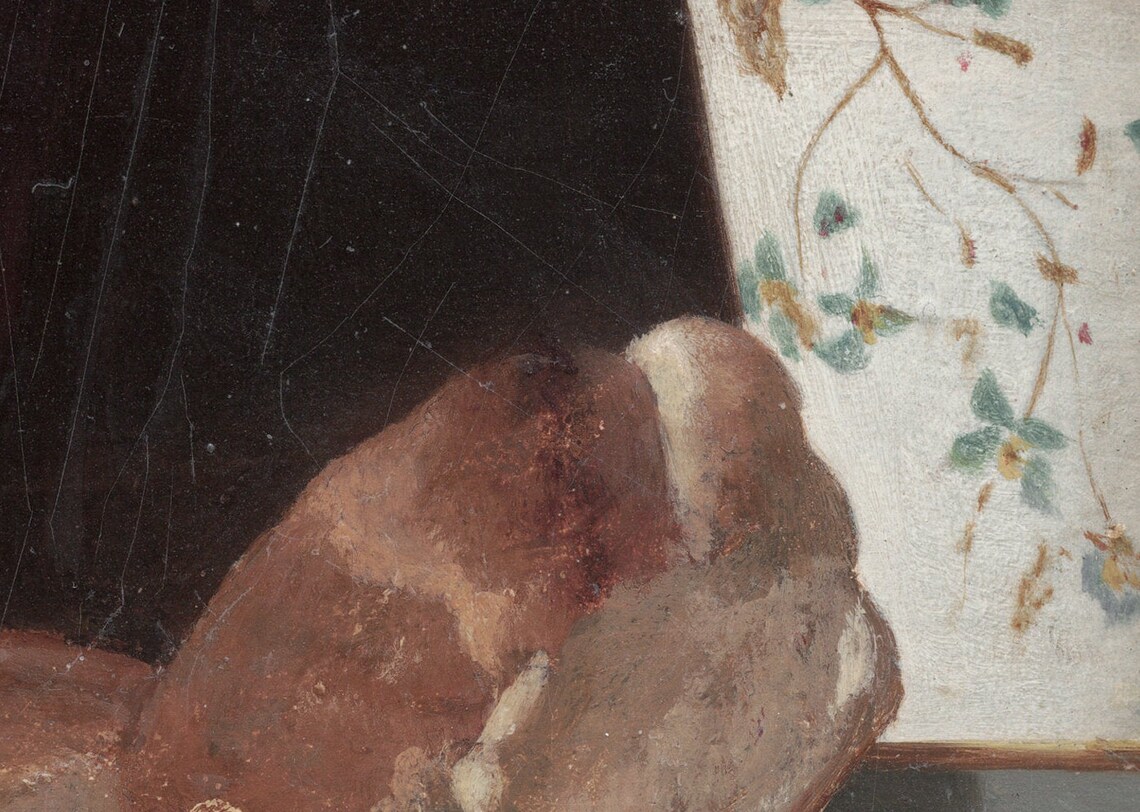 Moody Still Life Floral Cup And Fresh Bread Rolls On A Ledge Art Print - Image 2