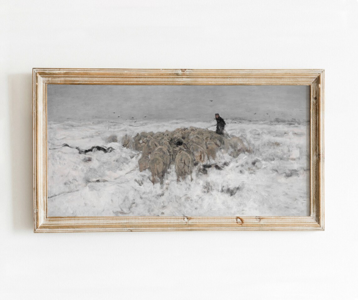 Sheep In Winter Vintage Shepherd Snow Art Print - Image 3