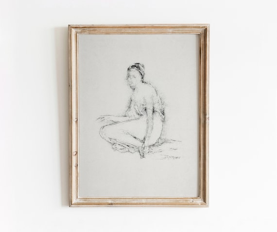 Seated Woman Sketch, Vintage Lithograph Art Print