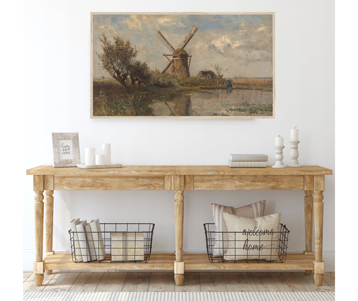 Vintage Brown Windmill Painting, Art Print - Image 3