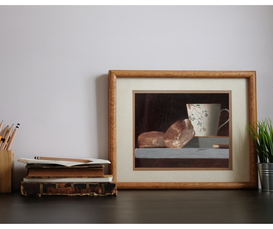 Moody Still Life Floral Cup And Fresh Bread Rolls On A Ledge Art Print - Image 3
