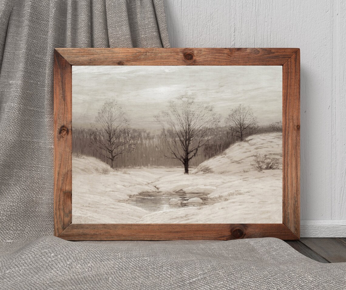 Hazy Winter Morning Vintage Neutral Landscape Art Print - Image 4