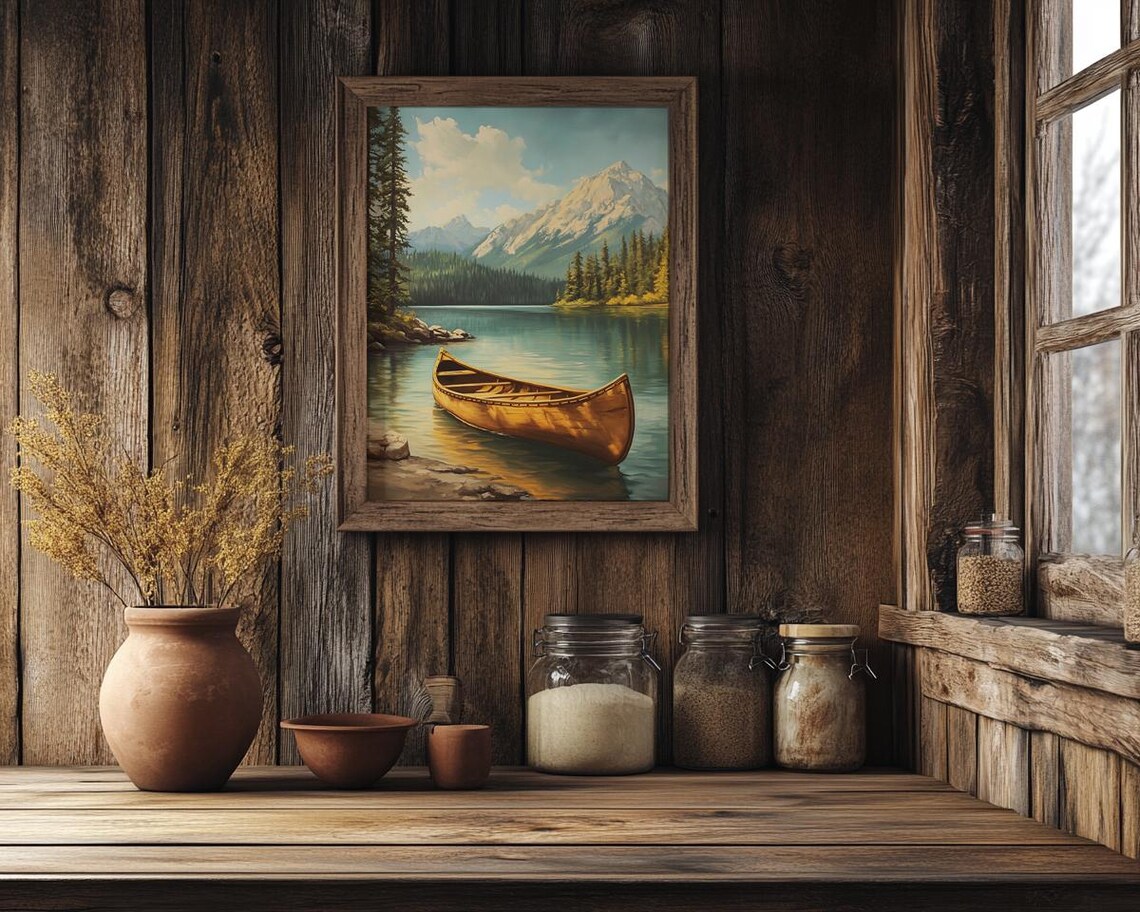 Wooden Canoe On Turquoise Mountain Lake With Pines Travel Poster - Image 2