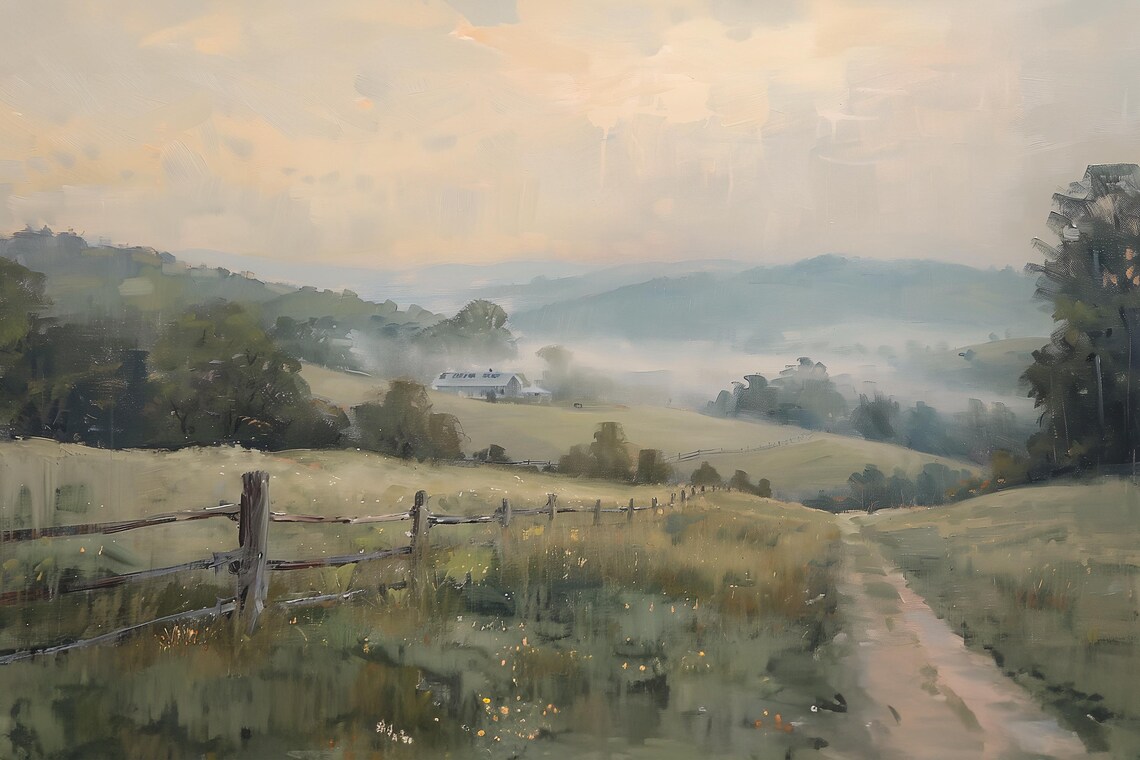 Morning Fog Over Rolling Farm Hills Along a Country Dirt Road Poster - Image 2