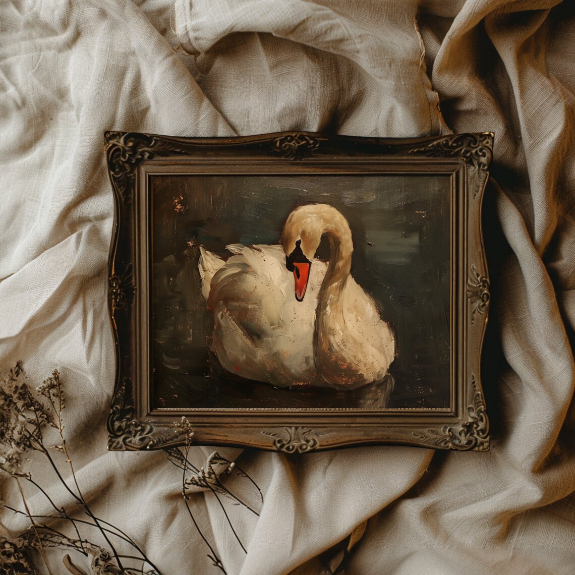White Swan Close Up Portrait on Dark Water Moody Oil Painting Poster - Image 4