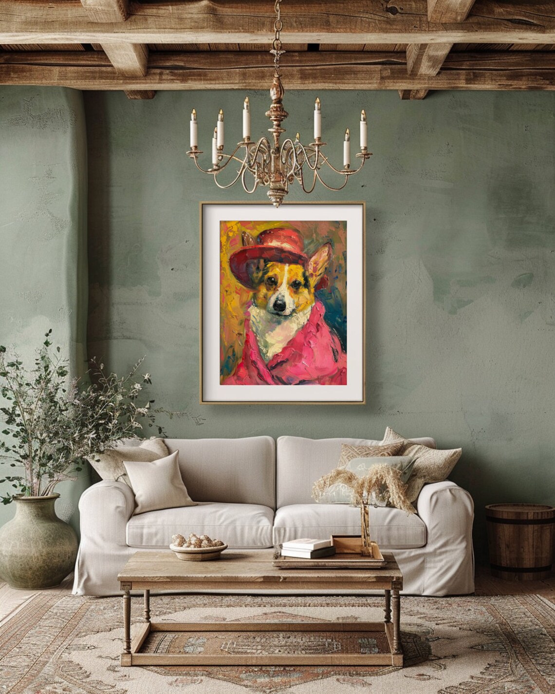 Corgi Dog In Red Hat And Pink Coat Maximalist Oil Portrait Poster - Image 3