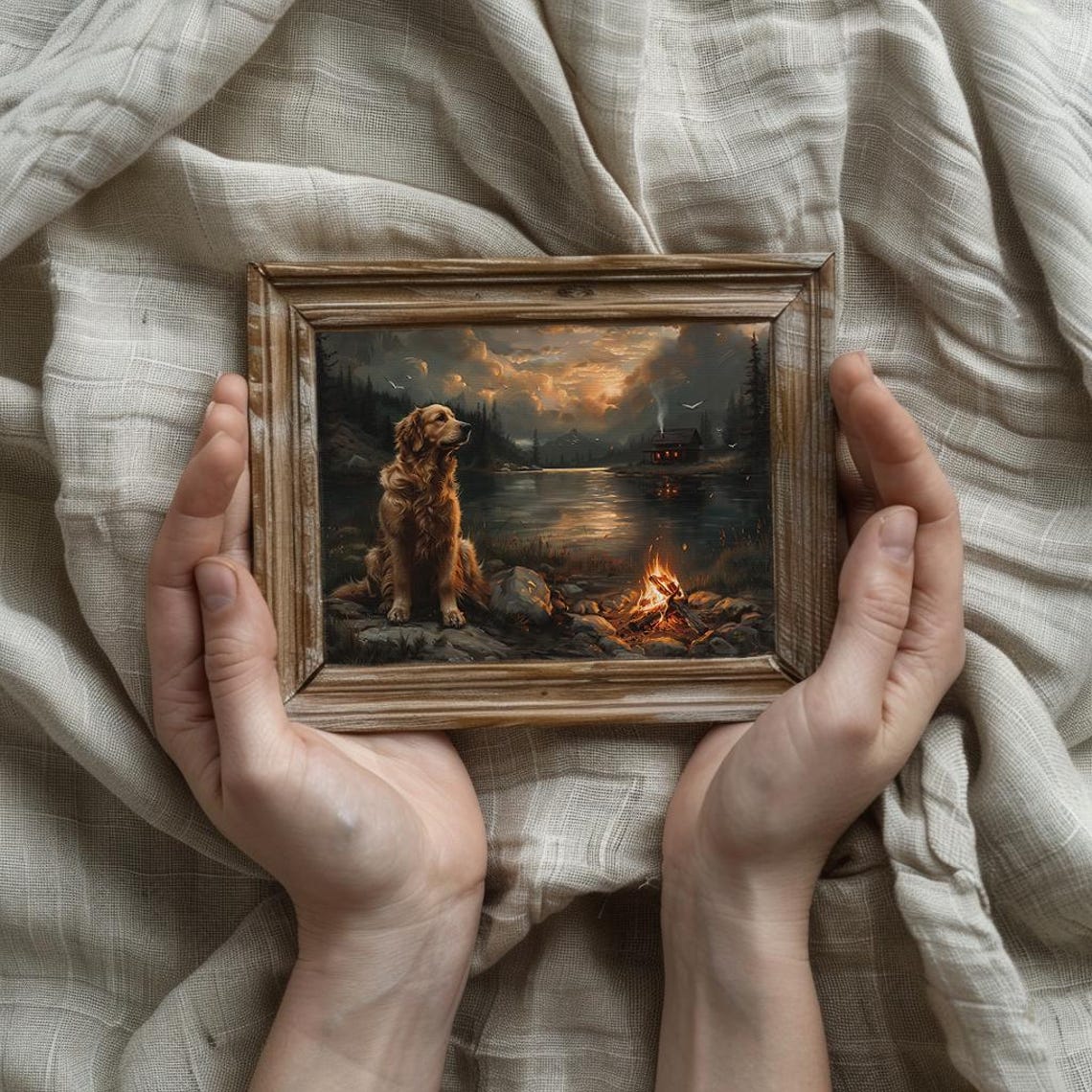 Golden Retriever by a Campfire at Sunset on a Mountain Lake Poster - Image 2