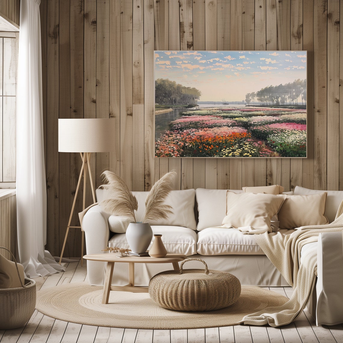 Colorful Flower Fields By a River Under a Wide Cloudy Sky Poster - Image 2