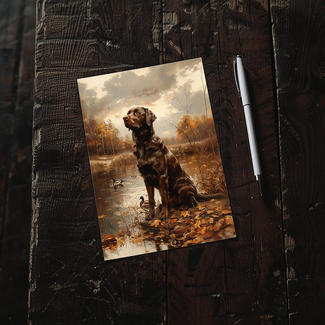 Chocolate Labrador Sitting by an Autumn Pond with Ducks Poster - Image 4