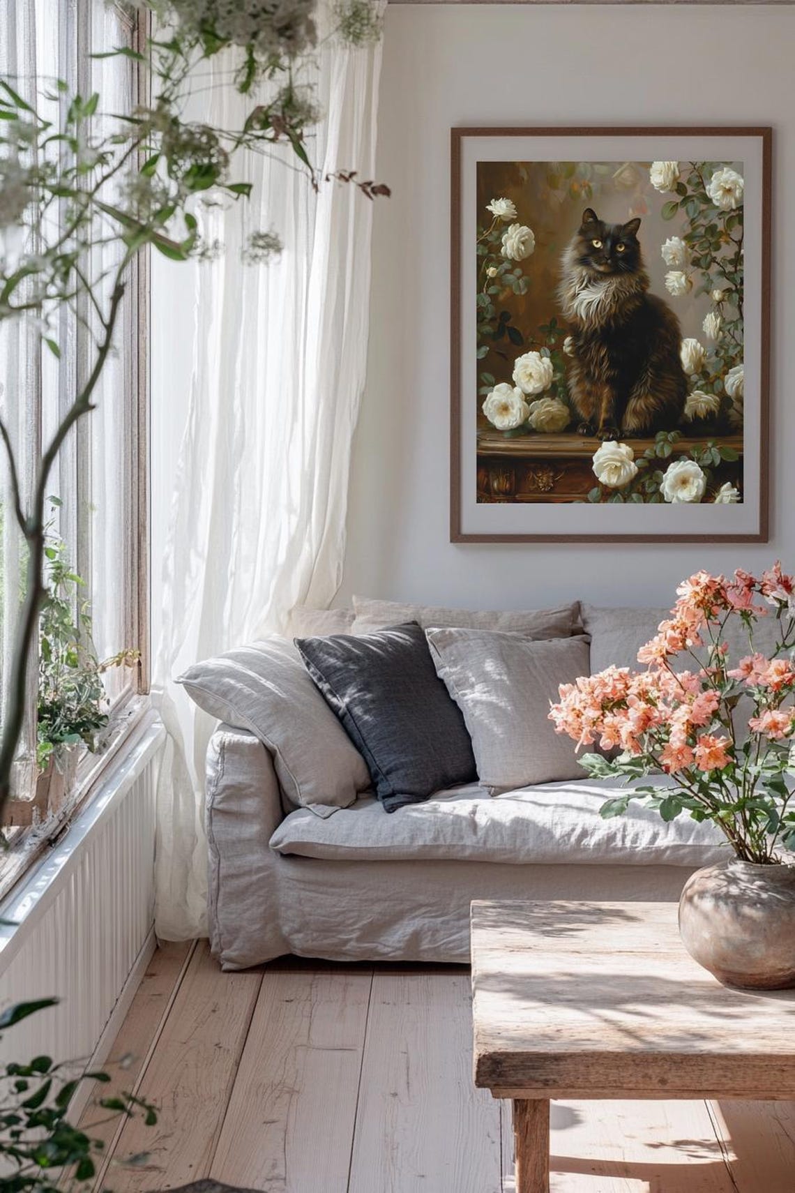 Dark Longhaired Cat Sitting Among White Roses Vintage Oil Poster - Image 3
