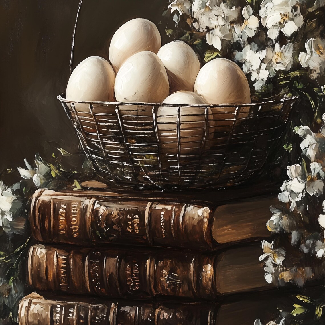 Basket of Farm Eggs on Vintage Books with White Blossoms Poster - Image 2