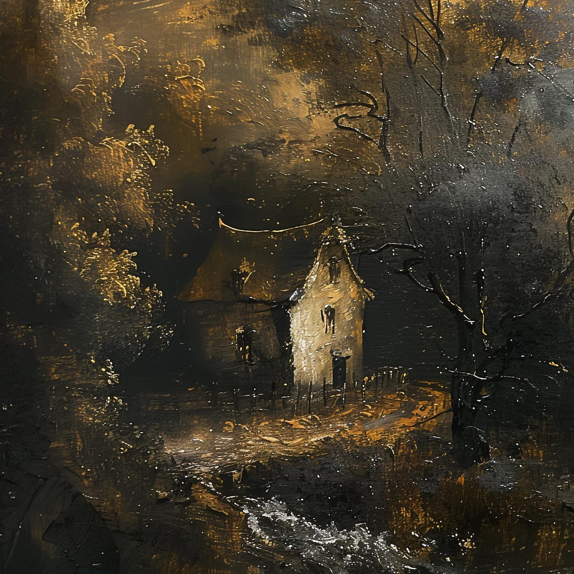 Small Cottage By Rushing Stream Beneath Stormy Golden Dusk Poster - Image 2