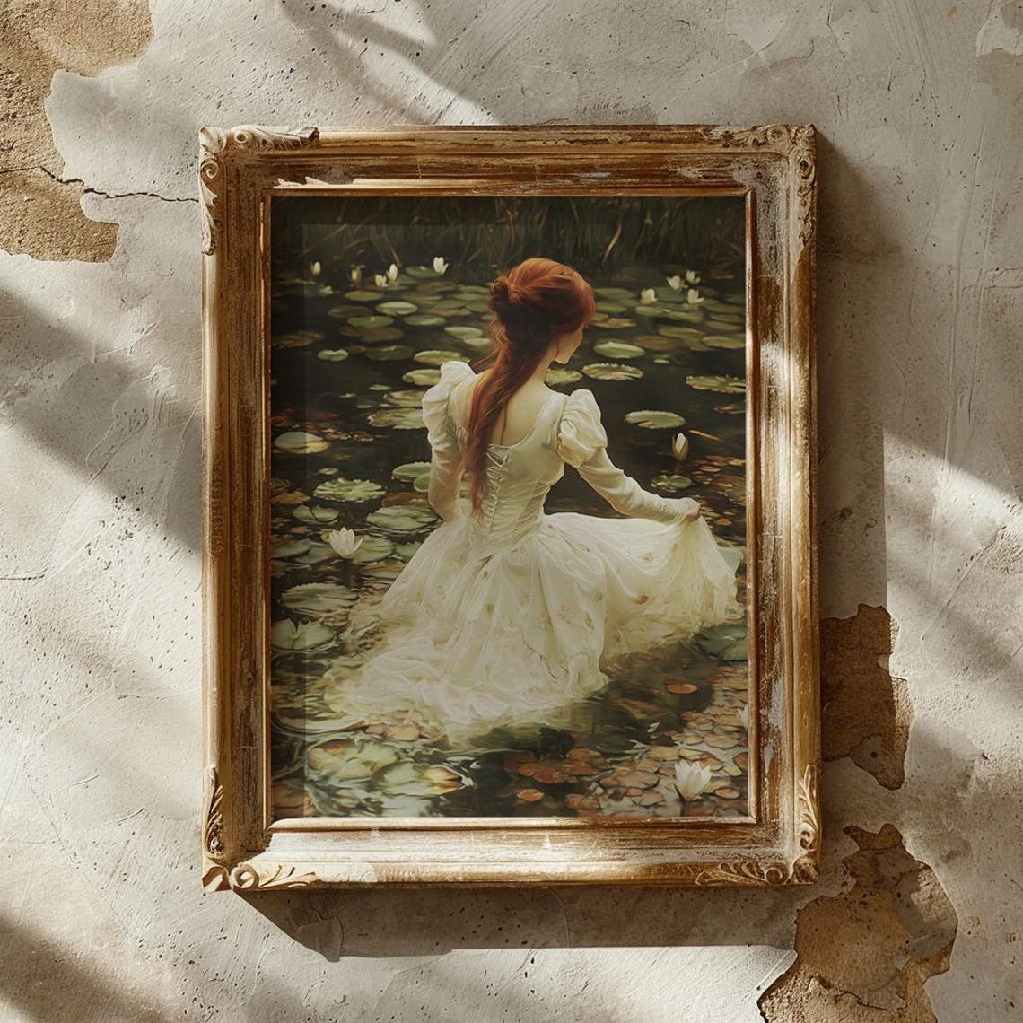 Red Haired Lady In White Gown Among Water Lilies Vintage Poster - Image 3