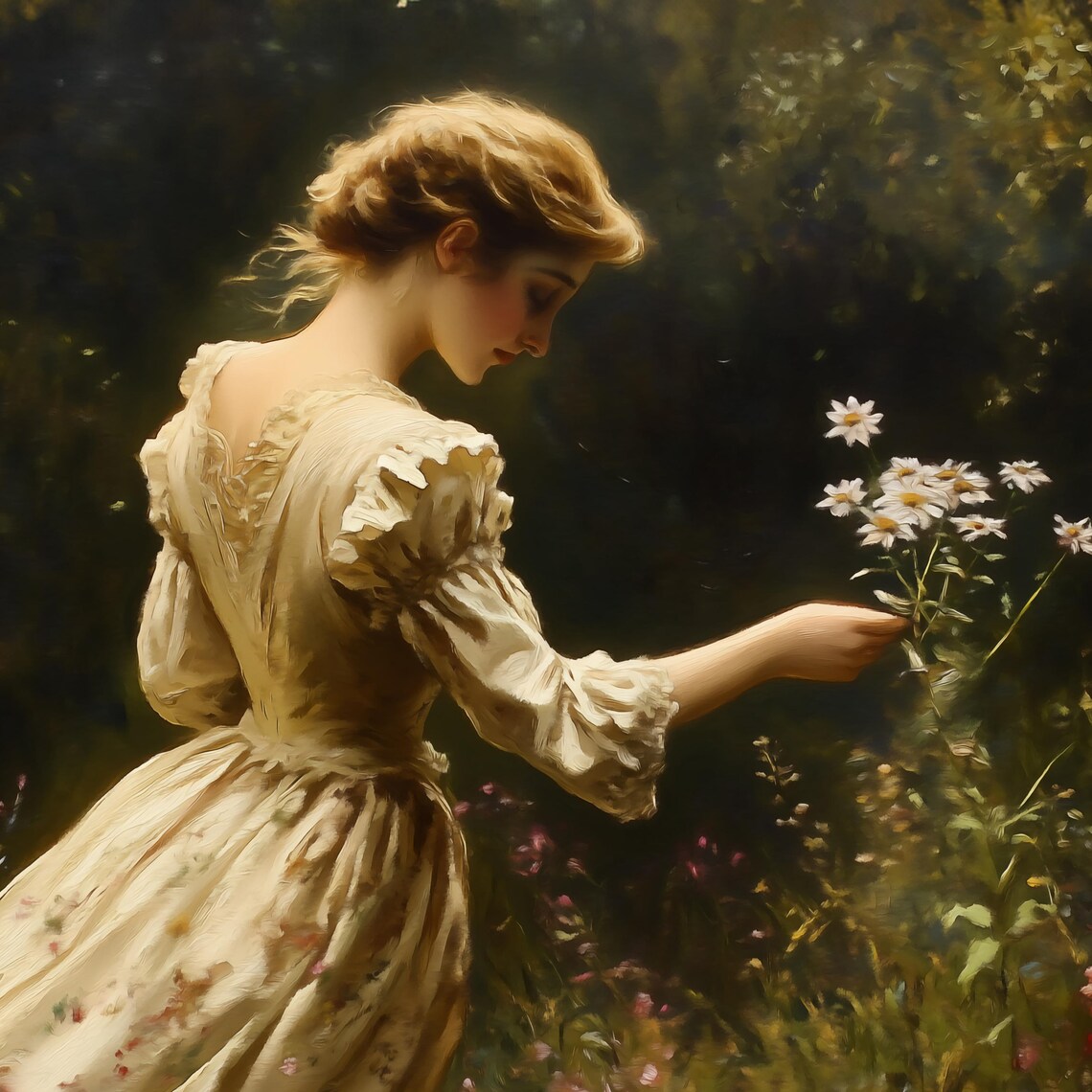 Victorian Lady Picking Wildflowers In Meadow Dusk Painting Poster - Image 2