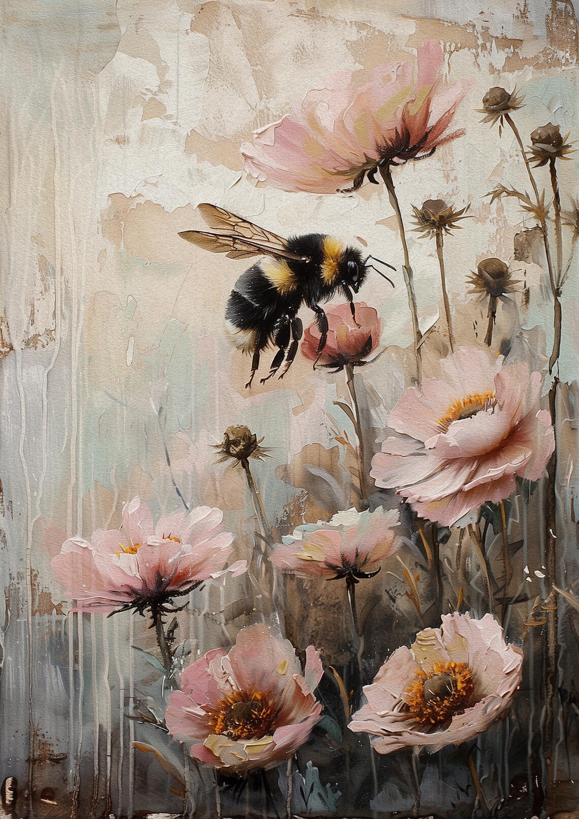 Vintage Bumblebee Among Pink Wildflowers Botanical Oil Painting Poster - Image 3