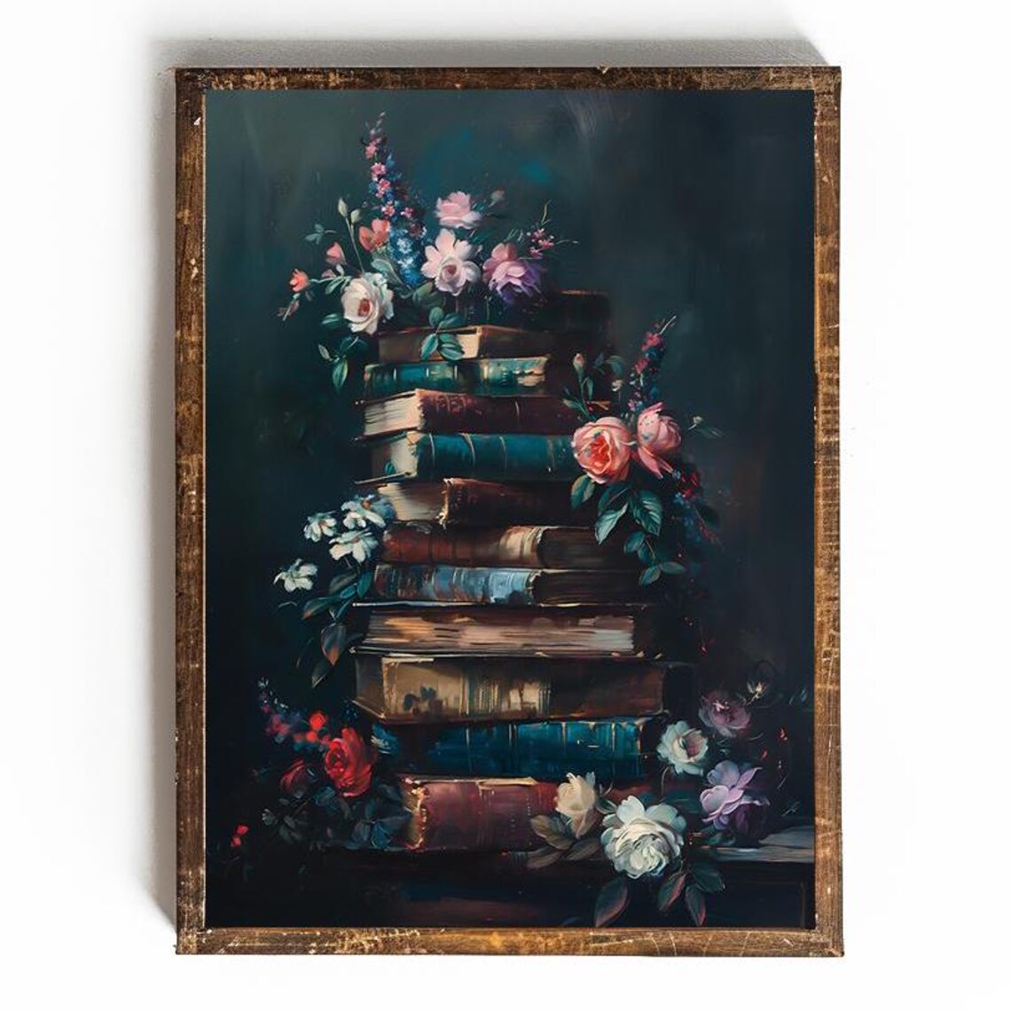 Stack of Vintage Books with Pink and White Flowers Art Poster